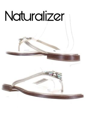 Naturalizer Womens Liliana Tan T-Strap Sandals  Silver Jeweled Thong Sandal 7